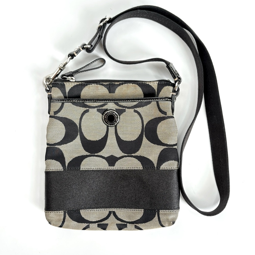 Coach Signature‎ Crossbody Swingpack Taupe Black Stripe Handbag Purse